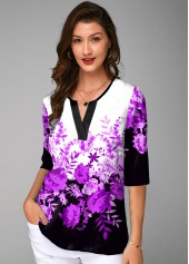 Half Sleeve Floral Print Split Neck Blouse