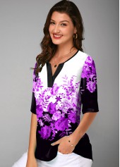 Half Sleeve Floral Print Split Neck Blouse