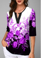 Half Sleeve Floral Print Split Neck Blouse