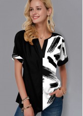 Split Neck Short Sleeve Printed Blouse