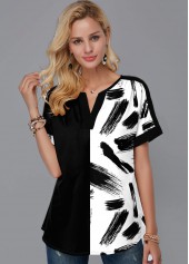 Split Neck Short Sleeve Printed Blouse