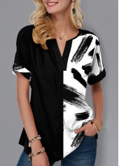 Split Neck Short Sleeve Printed Blouse