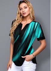 Split Neck Gradient Short Sleeve Printed Blouse