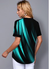 Split Neck Gradient Short Sleeve Printed Blouse