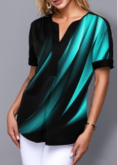 Split Neck Gradient Short Sleeve Printed Blouse