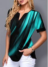 Split Neck Gradient Short Sleeve Printed Blouse