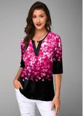 Floral Print Split Neck Half Sleeve Gradient Blouse