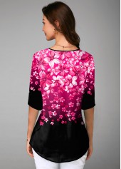 Floral Print Split Neck Half Sleeve Gradient Blouse