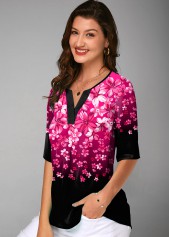 Floral Print Split Neck Half Sleeve Gradient Blouse
