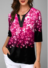 Floral Print Split Neck Half Sleeve Gradient Blouse