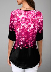 Floral Print Split Neck Half Sleeve Gradient Blouse