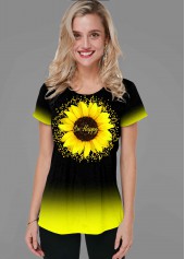 Short Sleeve Sunflower Print Gradient T Shirt