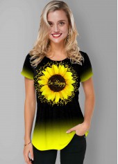 Short Sleeve Sunflower Print Gradient T Shirt