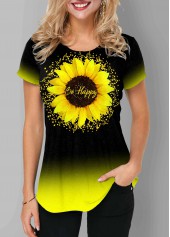 Short Sleeve Sunflower Print Gradient T Shirt