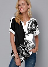 Split Neck Short Sleeve Paisley Print Blouse