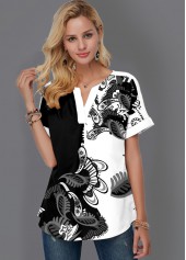 Split Neck Short Sleeve Paisley Print Blouse