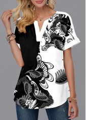 Split Neck Short Sleeve Paisley Print Blouse