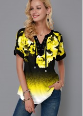 Lace Up Gradient Floral Print Blouse