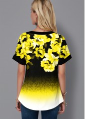 Lace Up Gradient Floral Print Blouse