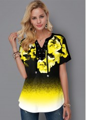 Lace Up Gradient Floral Print Blouse