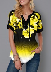 Lace Up Gradient Floral Print Blouse
