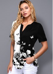 Split Neck Short Sleeve Floral Print Blouse