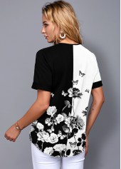 Split Neck Short Sleeve Floral Print Blouse