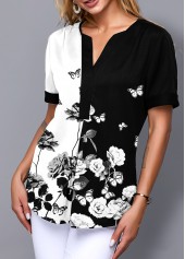 Split Neck Short Sleeve Floral Print Blouse