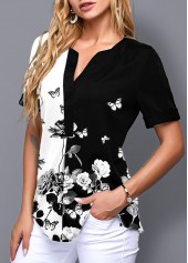 Split Neck Short Sleeve Floral Print Blouse