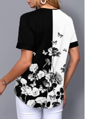 Split Neck Short Sleeve Floral Print Blouse