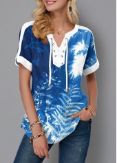 Lace Up Tie Dye Tropical Print Blouse