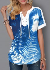 Lace Up Tie Dye Tropical Print Blouse
