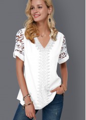 Short Sleeve Lace Panel Split Neck Blouse