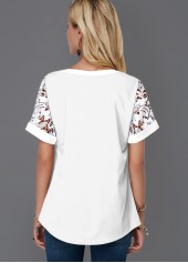 Short Sleeve Lace Panel Split Neck Blouse