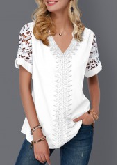 Short Sleeve Lace Panel Split Neck Blouse