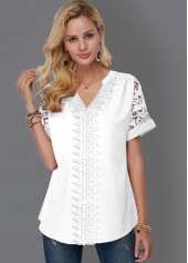 Short Sleeve Lace Panel Split Neck Blouse