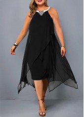 Asymmetric Hem Embellished Neck Plus Size Chiffon Dress