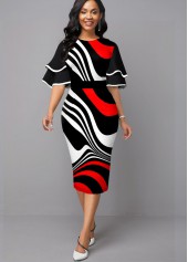 Ruffle Sleeve Stripe Print Contrast Sheath Dress
