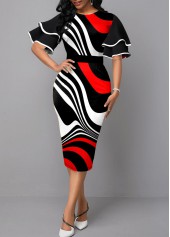 Ruffle Sleeve Stripe Print Contrast Sheath Dress
