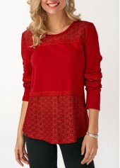 Long Sleeve Lace Panel Round Neck T Shirt