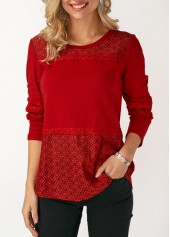 Long Sleeve Lace Panel Round Neck T Shirt