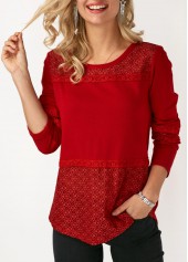 Long Sleeve Lace Panel Round Neck T Shirt