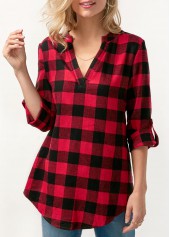 Split Neck Roll Tab Sleeve Plaid Print Blouse