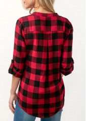 Split Neck Roll Tab Sleeve Plaid Print Blouse