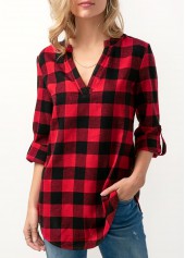 Split Neck Roll Tab Sleeve Plaid Print Blouse