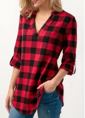Split Neck Roll Tab Sleeve Plaid Print Blouse