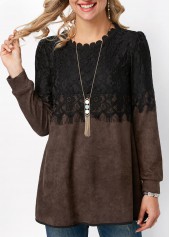 Round Neck Long Sleeve Lace Panel T Shirt
