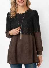 Round Neck Long Sleeve Lace Panel T Shirt