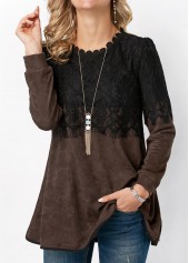 Round Neck Long Sleeve Lace Panel T Shirt