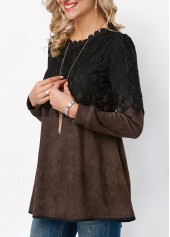 Round Neck Long Sleeve Lace Panel T Shirt